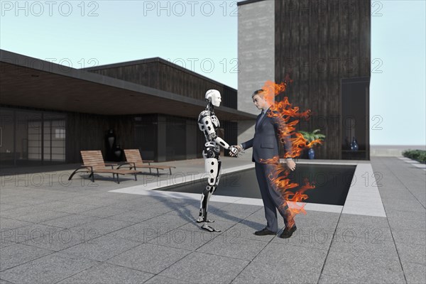 Burning businessman handshaking with cyborg