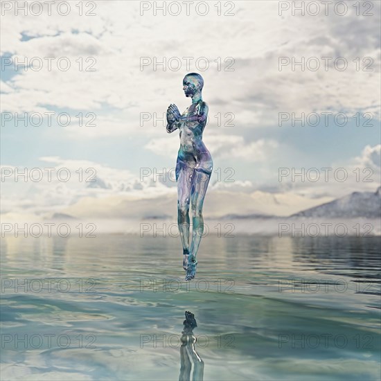 Transparent woman hovering over water
