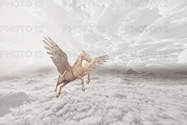 Cracked horse flying in clouds
