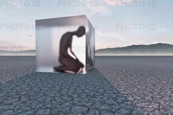 Person frozen in suspended animation in desert