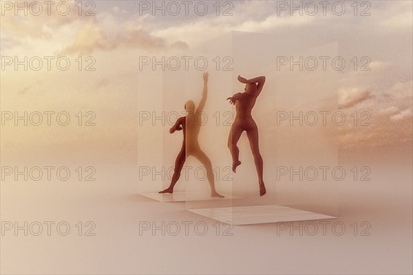 Dancers in suspended animation in clouds