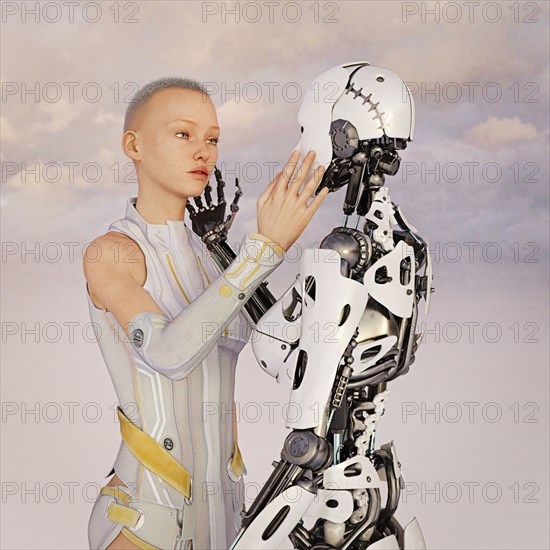 Human and robot woman touching faces