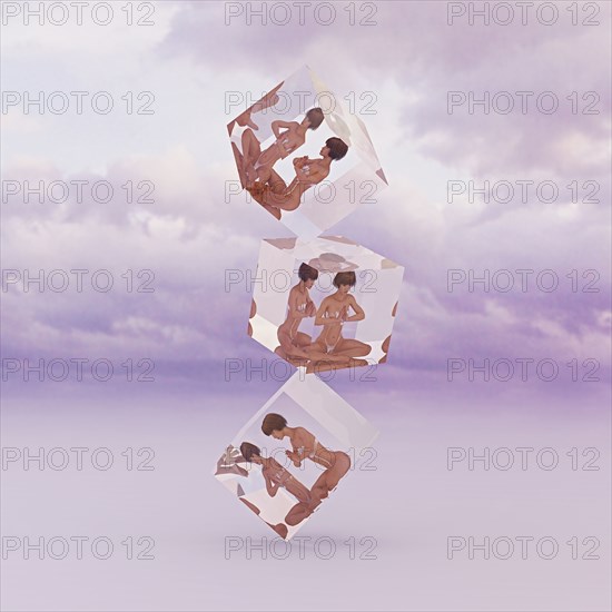 Stack of meditating women frozen in suspended animation