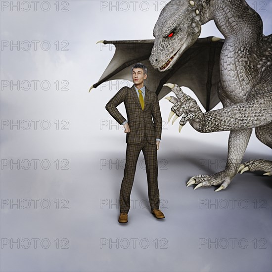 Dragon tapping businessmen on shoulder