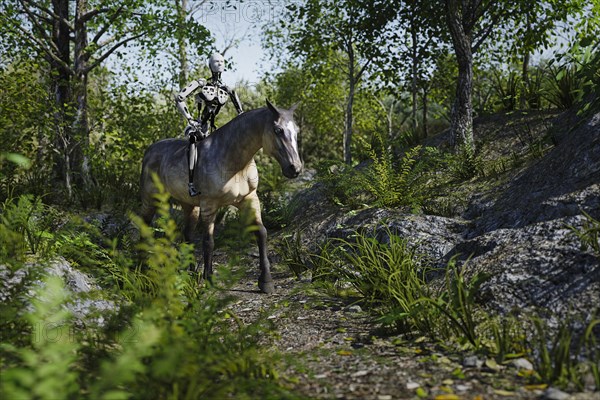 Robot riding horse in the woods