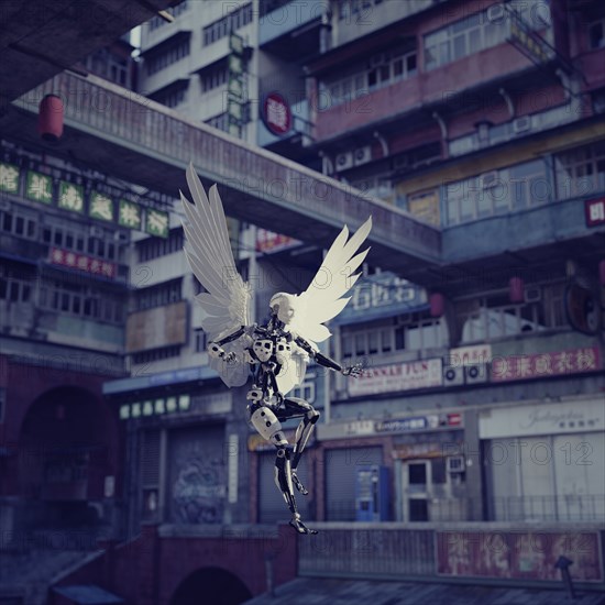 Robot angel in futuristic city