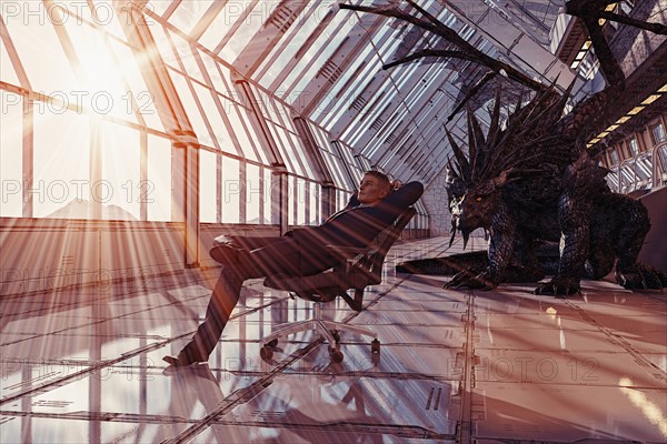 Dragon behind businessman leaning in chair
