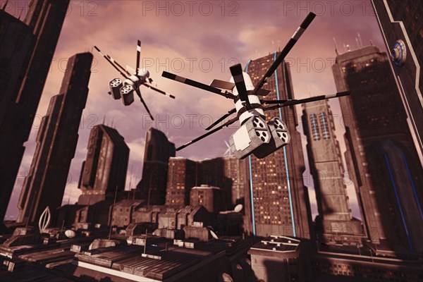 Drones flying in futuristic city