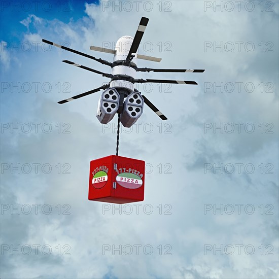 Drone delivering pizza in sky