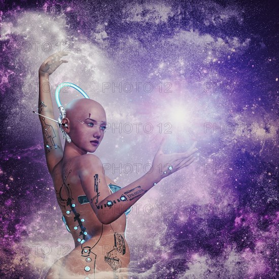 Futuristic woman in purple outer space