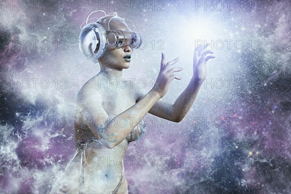 Futuristic woman in virtual reality outer space