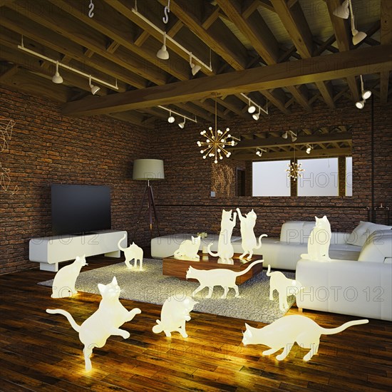 Glowing cats in livingroom