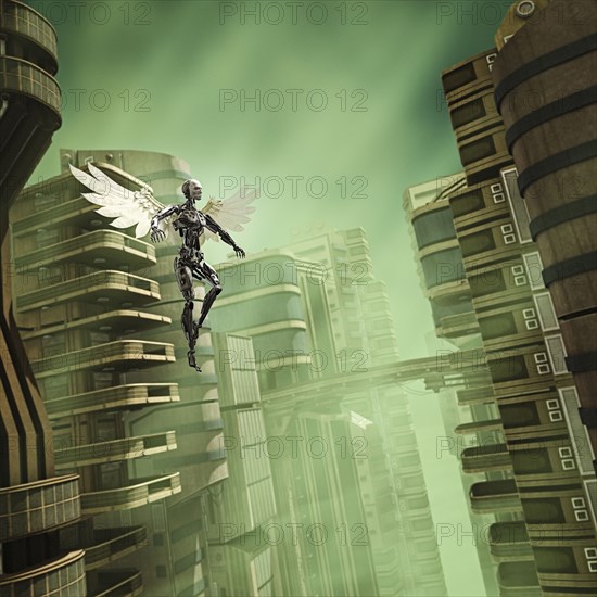 Robot angel flying in futuristic city