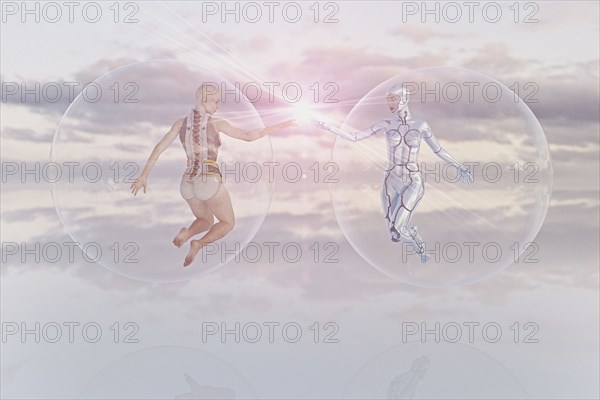 Futuristic women floating in sky in transparent spheres