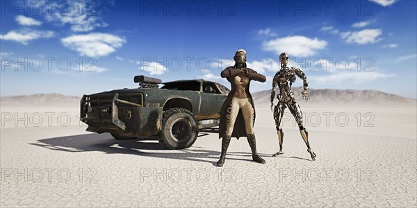 Woman and robot near car in desert