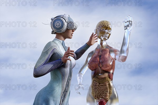 Woman viewing organs of transparent woman in virtual reality