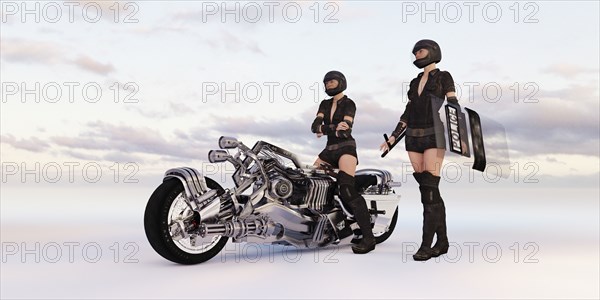 Futuristic women riot police with motorcycle