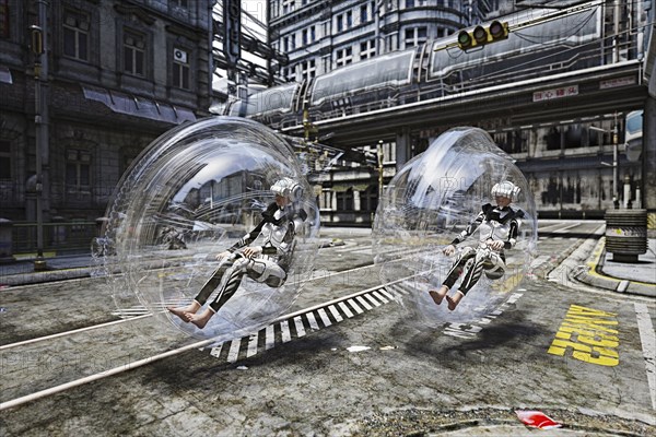 Futuristic women riding in transparent transportation