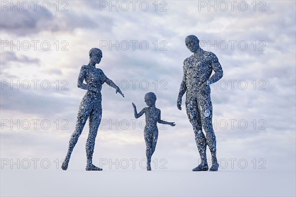 Stone couple with daughter crouching under cloudy sky