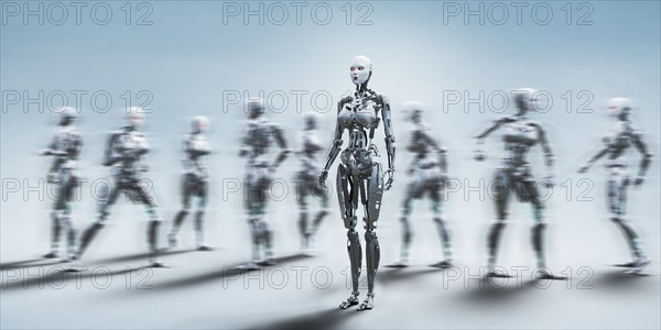 Robot woman standing still near walking robots