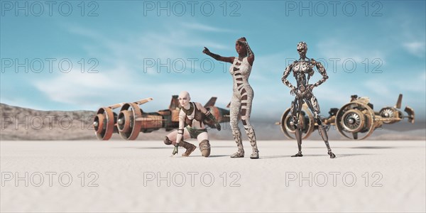 Women and robot searching desert near futuristic vehicles