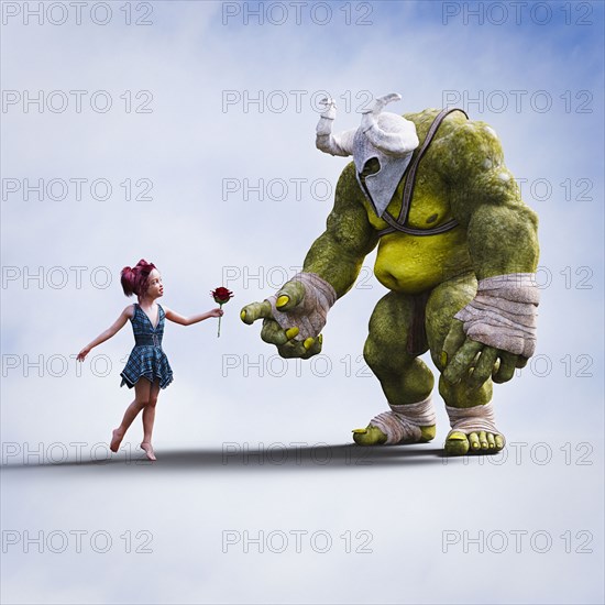 Girl giving flower to giant ogre