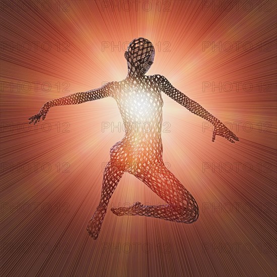 Futuristic woman floating in orange beams of light