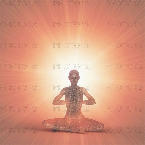 Futuristic woman meditating in orange beams of light