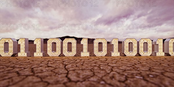 Illuminated binary code in desert