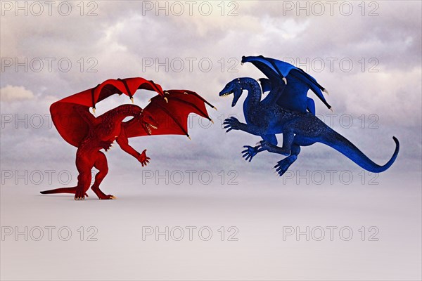 Red and blue dragons fighting