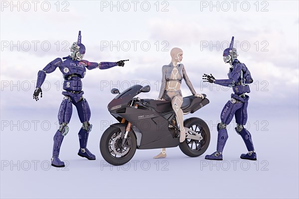 Robot police confronting futuristic woman on motorcycle
