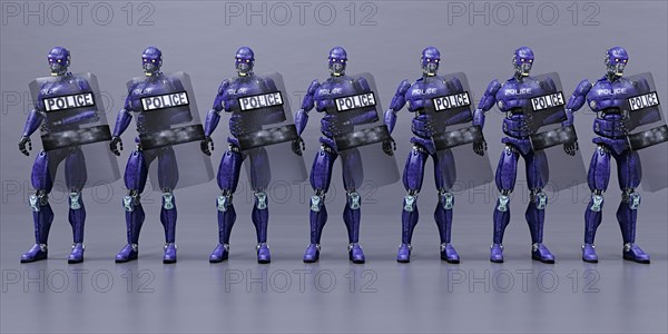 Futuristic robot police holding shields