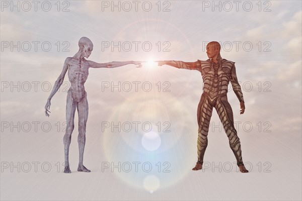 Man and alien touching glowing fingers