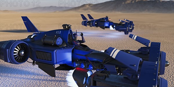 Futuristic vehicles flying in desert