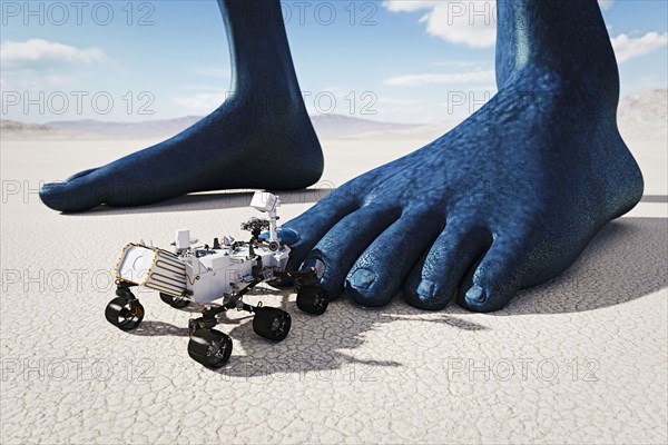 Small vehicle near feet of giant blue person