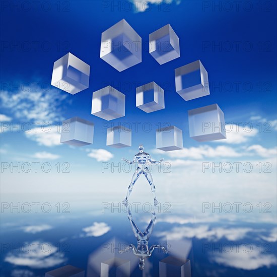 Cubes floating in sky above transparent man