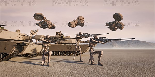 Futuristic soldiers and tanks in desert