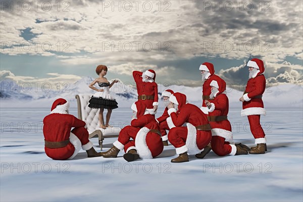 Girl standing on chair lecturing Santas