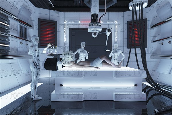 Robot women performing medical examination of man