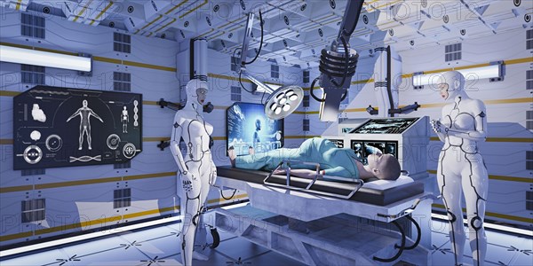 Robot nurses examining expectant mother