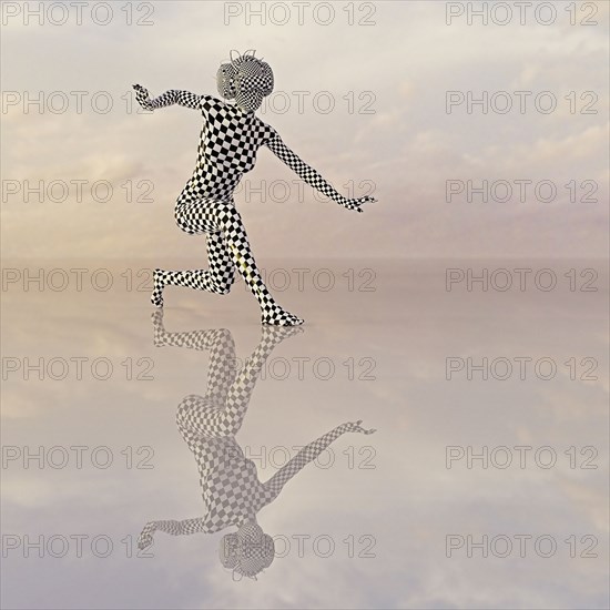 Reflection of checkered woman wearing a virtual reality goggles