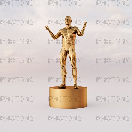 Uncertain golden man gesturing on pedestal