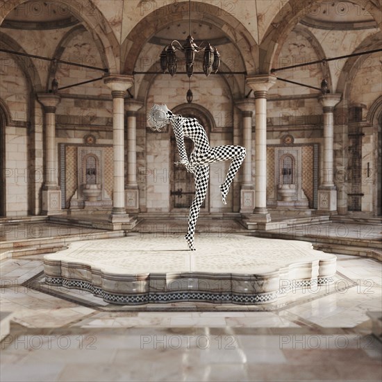 Checkered woman dancing wearing virtual reality goggles