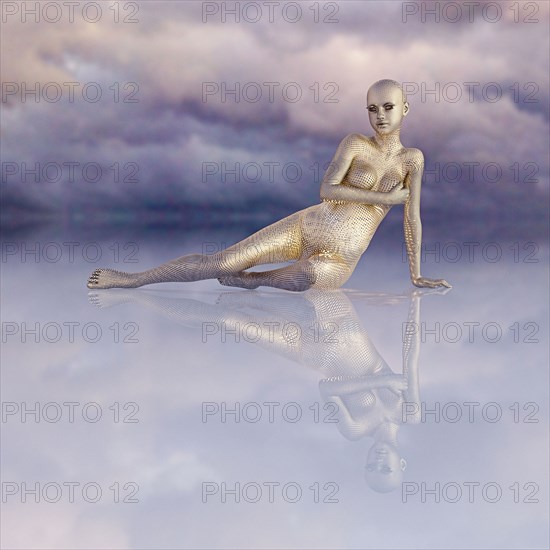 Futuristic golden woman sitting in sky