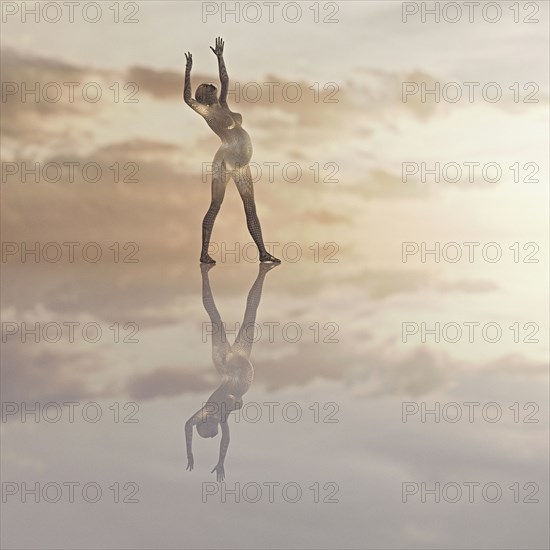 Futuristic expectant mother standing in clouds