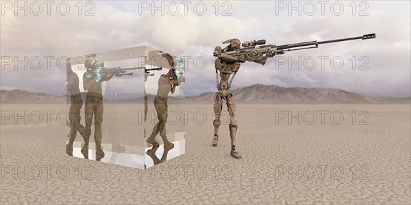 Futuristic soldiers in cube in desert near robot