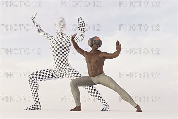 Man wearing virtual reality goggles performing martial arts