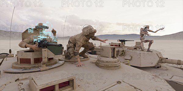 Soldiers and robot on tank wearing virtual reality goggles