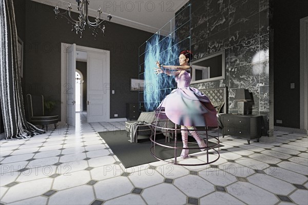 Woman wearing dress in bedroom using virtual screen