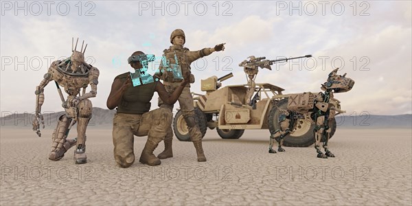 Futuristic soldiers and robot dog in desert